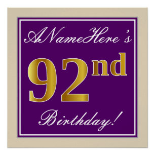 Poster Elégant, pourpre, Faux Gold 92e anniversaire + Nom