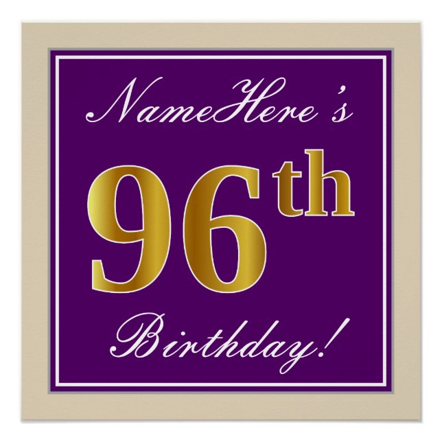 Poster Elégant, pourpre, Faux Gold 96ème anniversaire + N (Devant)