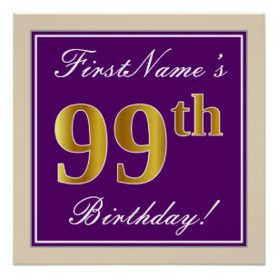 Poster Elégant, pourpre, Faux Gold 99e anniversaire + Nom