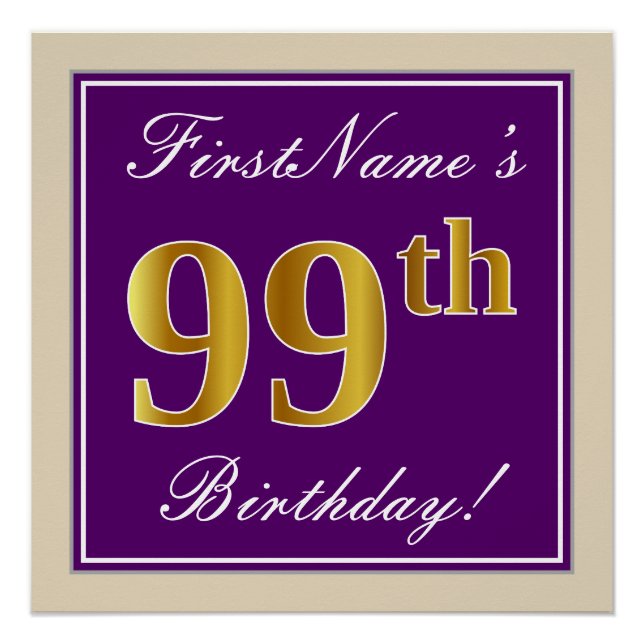 Poster Elégant, pourpre, Faux Gold 99e anniversaire + Nom (Devant)