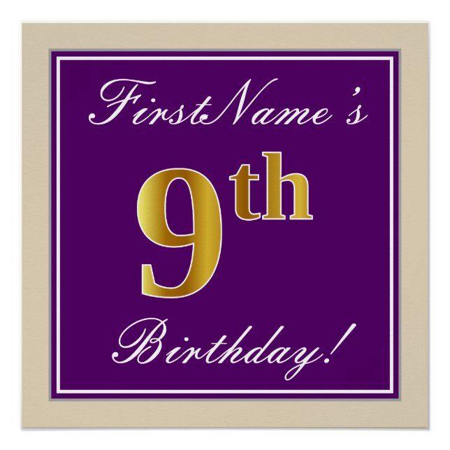 Poster Elégant, pourpre, Faux Gold 9e anniversaire + Nom (Devant)