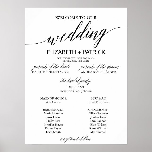 Poster Élégant programme de mariage de calligraphie noire (Devant)