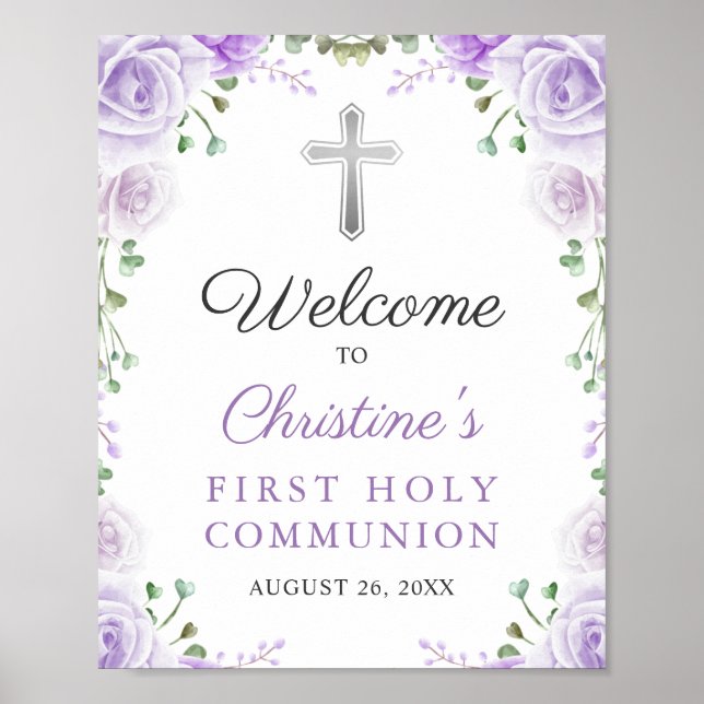 Poster Élégant Purple Floral Première Communion Sainte Bi (Devant)