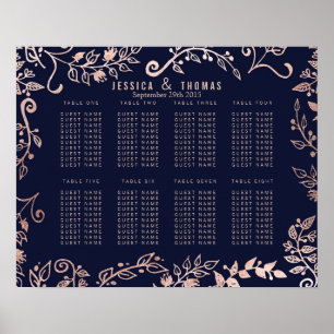 Poster Élégant Rose bleu marine Gold Floral Seating Chart