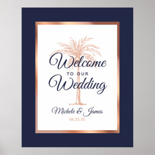 Poster Elégant Rose bleu marine Gold Palm Mariage Bienven