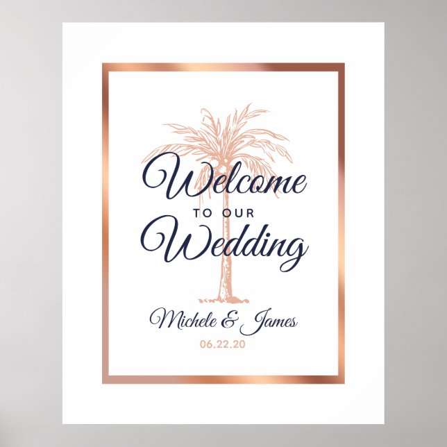 Poster Elégant Rose de la Marine Gold Palm Tree Mariage B (Devant)