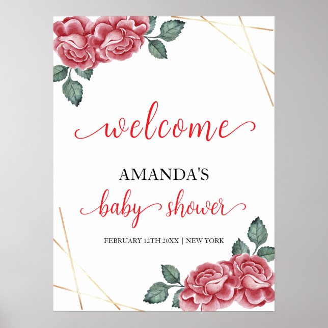 Poster Elégant Rose Floral Baby shower  d'amour Bienvenue (Devant)
