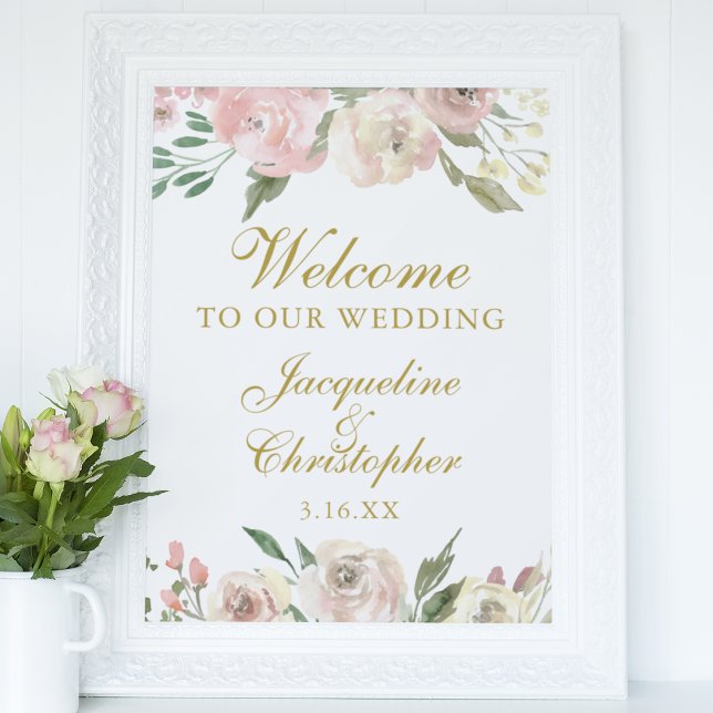 Poster Elégant rose Floral Gold Bienvenue à notre Mariage (Créateur téléchargé)