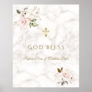 Poster Élégant rose floral or Baptême Dieu Bless Sign