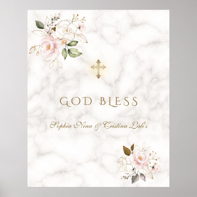Poster Élégant rose floral or Baptême Dieu Bless Sign (Devant)