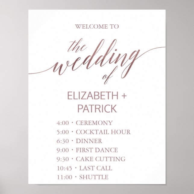 Poster Élégant Rose Gold Calligraphie Ordre des événement (Devant)
