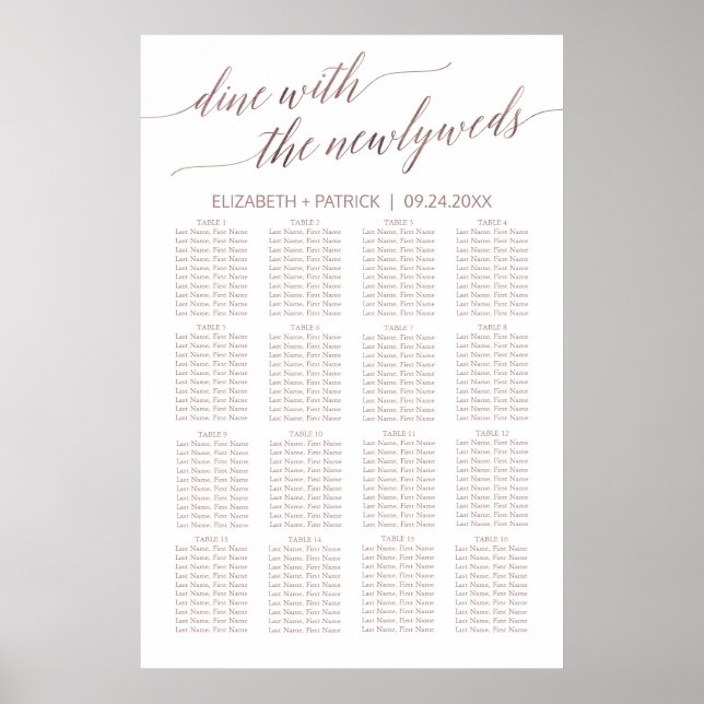 Poster Élégant Rose Gold Calligraphie Seing Chart (Devant)