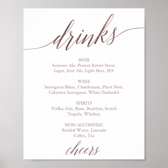 Poster Élégant Rose Gold Calligraphy Boire Menu Signer (Devant)