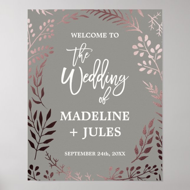 Poster Elégant Rose Gold et Grey Mariage Bienvenue (Devant)