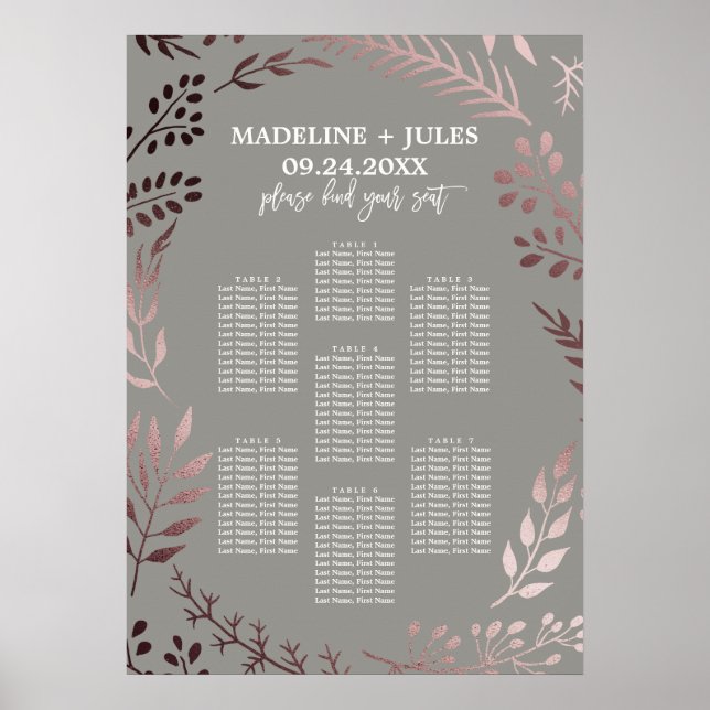 Poster Élégant Rose Gold et Grey Mariage Seating Chart (Devant)