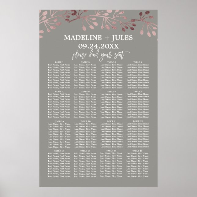 Poster Élégant Rose Gold et Grey Mariage Seating Chart (Devant)