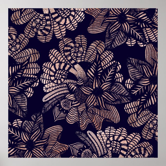 Poster Elégant Rose Gold Floral Dessins sur bleu marine (Devant)