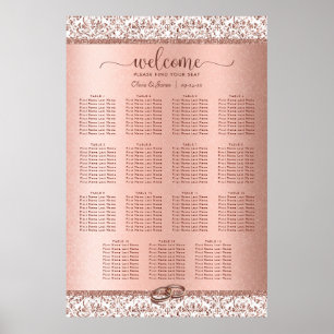 Poster Élégant Rose Gold Mariage damassé 15 Seating Chart