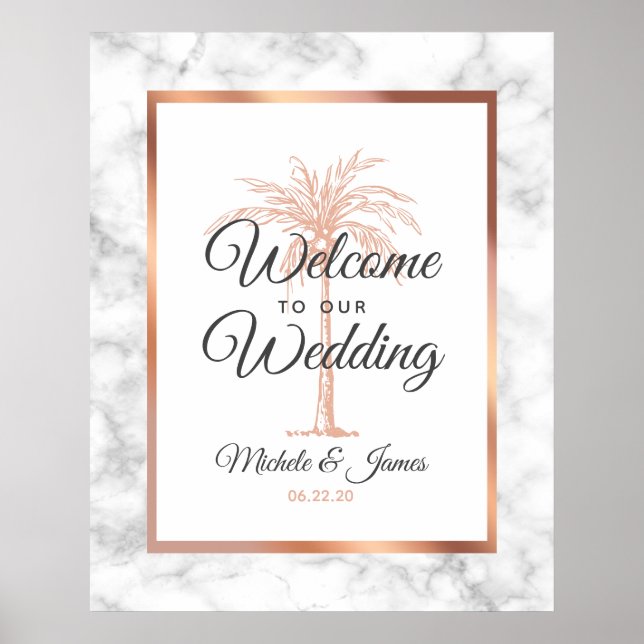 Poster Elégant Rose Gold Palm Tree Marbre Mariage Accueil (Devant)