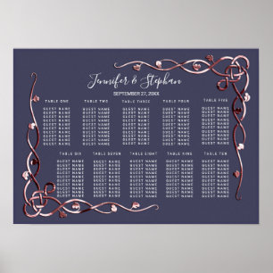 Poster Élégant Rose Gold Vines Marine Blue Seating Chart