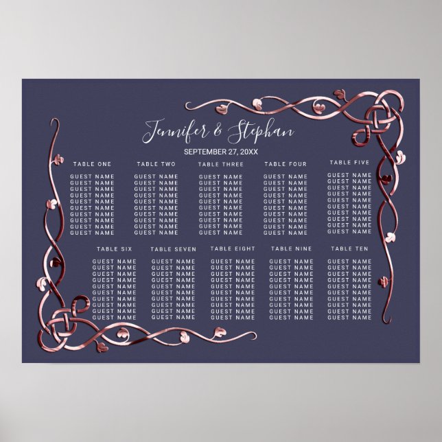 Poster Élégant Rose Gold Vines Marine Blue Seating Chart (Devant)