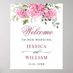 Poster Elégant rose Hydrangea Eucalyptus Mariage Bienvenu