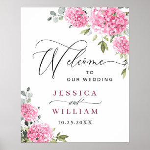 Poster Elégant rose Hydrangea Eucalyptus Mariage Bienvenu