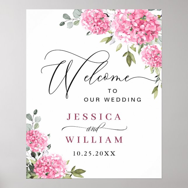Poster Elégant rose Hydrangea Eucalyptus Mariage Bienvenu (Devant)