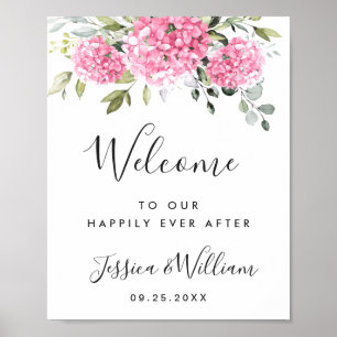 Poster Elégant rose Hydrangea Eucalyptus Mariage Bienvenu