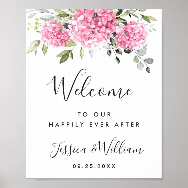 Poster Elégant rose Hydrangea Eucalyptus Mariage Bienvenu (Devant)