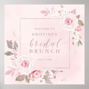 Poster Elégant rose rose aquarelle Brunch nuptial Bienven