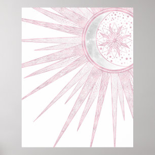 Poster Elégant rose Sun Moon Doodle Mandala White Design