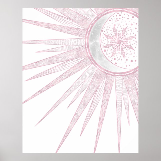 Poster Elégant rose Sun Moon Doodle Mandala White Design (Devant)