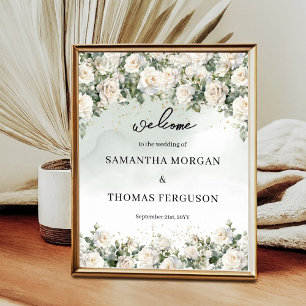 Poster Elégant Roses Blanches Verdure or mariage accueil