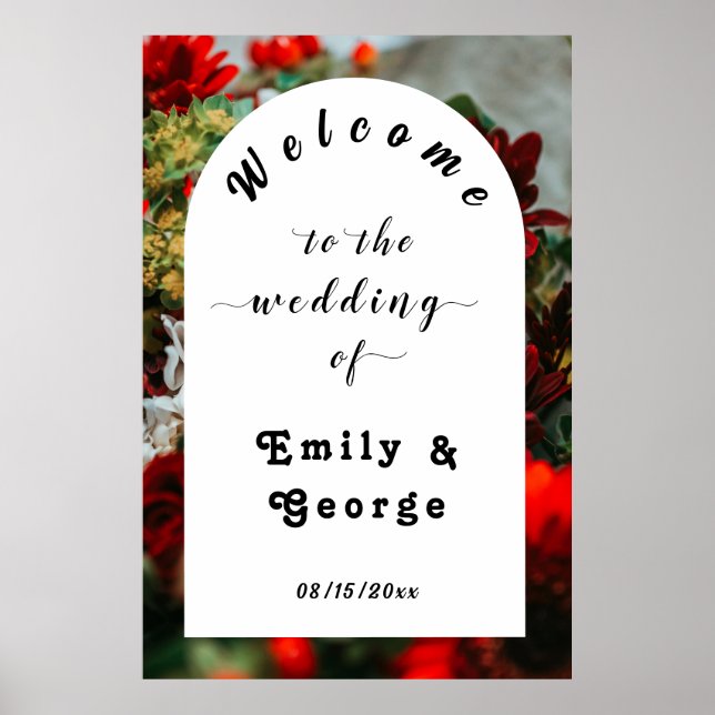 Poster Elégant roses rouges Mariage floral Bienvenue (Devant)