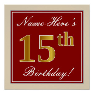 Poster Elégant, Rouge, Faux Gold 15e anniversaire; Nom pe