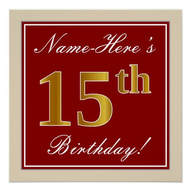 Poster Elégant, Rouge, Faux Gold 15e anniversaire; Nom pe (Devant)