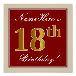 Poster Elégant, Rouge, Faux Gold 18e anniversaire; Nom pe
