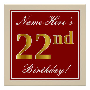 Poster Elégant, Rouge, Faux Gold 22e anniversaire; Nom pe