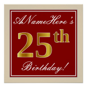 Poster Elégant, Rouge, Faux Gold 25e anniversaire; Nom pe