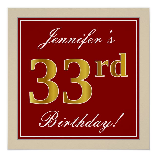 Poster Elégant, Rouge, Faux Gold 33e anniversaire; Nom pe (Devant)