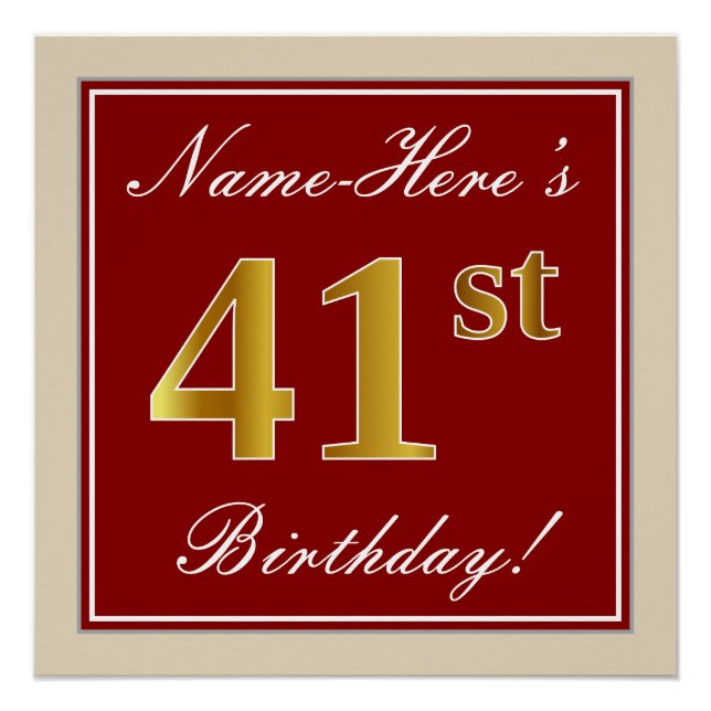 Poster Elégant, Rouge, Faux Gold 41e anniversaire; Nom pe (Devant)