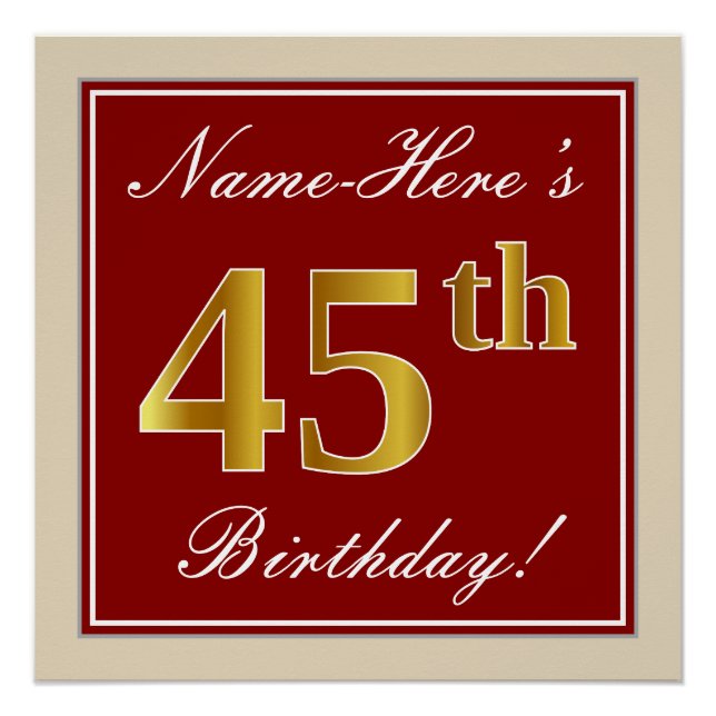 Poster Elégant, Rouge, Faux Gold 45e anniversaire; Nom pe (Devant)