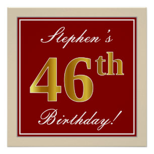 Poster Elégant, Rouge, Faux Gold 46e anniversaire; Nom pe