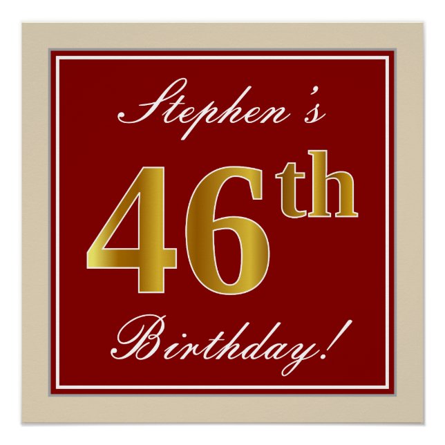 Poster Elégant, Rouge, Faux Gold 46e anniversaire; Nom pe (Devant)