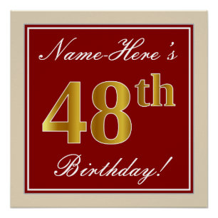 Poster Elégant, Rouge, Faux Gold 48e anniversaire; Nom pe