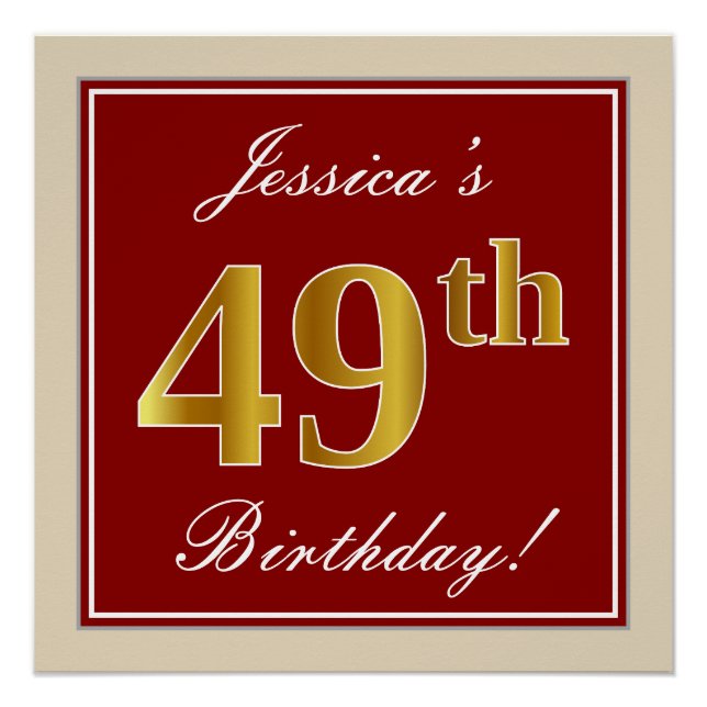 Poster Elégant, Rouge, Faux Gold 49e anniversaire; Nom pe (Devant)