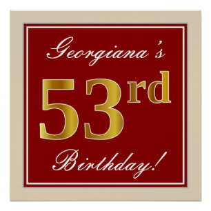 Poster Elégant, Rouge, Faux Gold 53e anniversaire; Nom pe