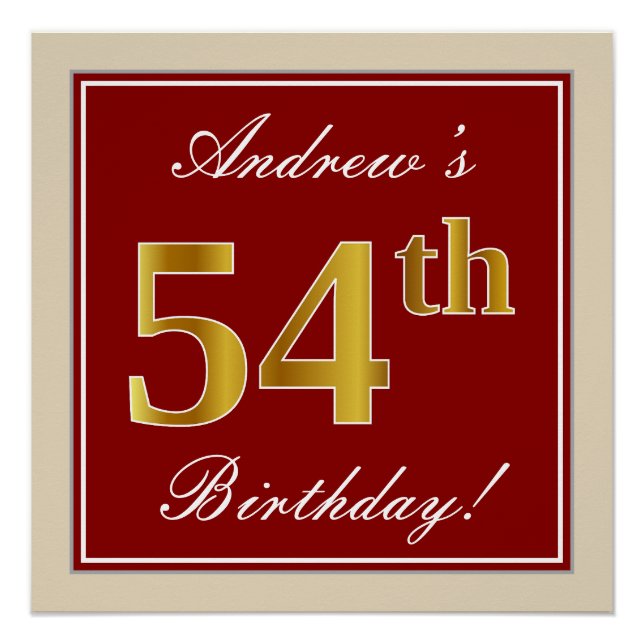 Poster Elégant, Rouge, Faux Gold 54e anniversaire; Nom pe (Devant)