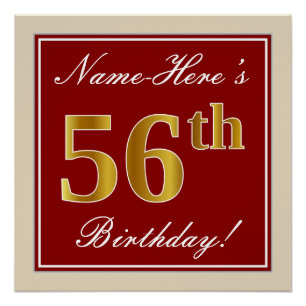 Poster Elégant, Rouge, Faux Gold 56e anniversaire; Nom pe
